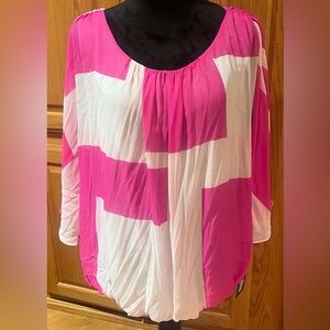 Vince Camuto Pink in Motion Abstract Sheer Bubble Hem Blouse Electric Pink Sz XL